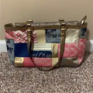 Coach Patchwork Multicolors Canvas Leather Tote Satchel Shoulder Bag